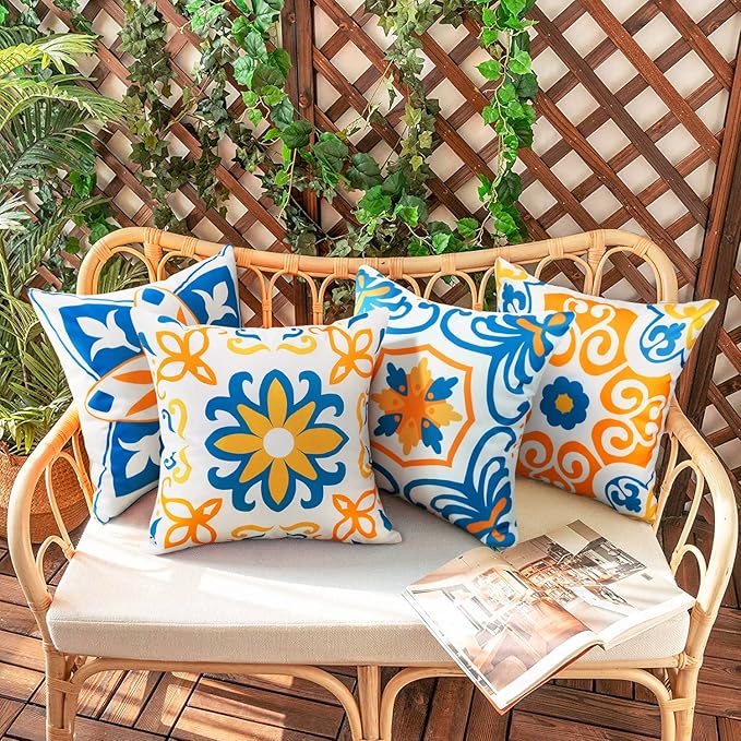 Outdoor Waterproof Throw Pillow Covers Set of 4 Floral Printed and Boho Farmhouse Outdoor Pillow Covers for Patio Funiture Garden 18x18 Inch Yellow