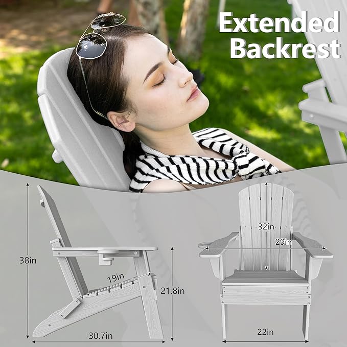 Plawdlik Folding Adirondack Chair Set of 6 with Cup Holder,Wooden Textured,Heavy All-Weather HDPE Comfortable Set Poolside Backyard Lawn,White
