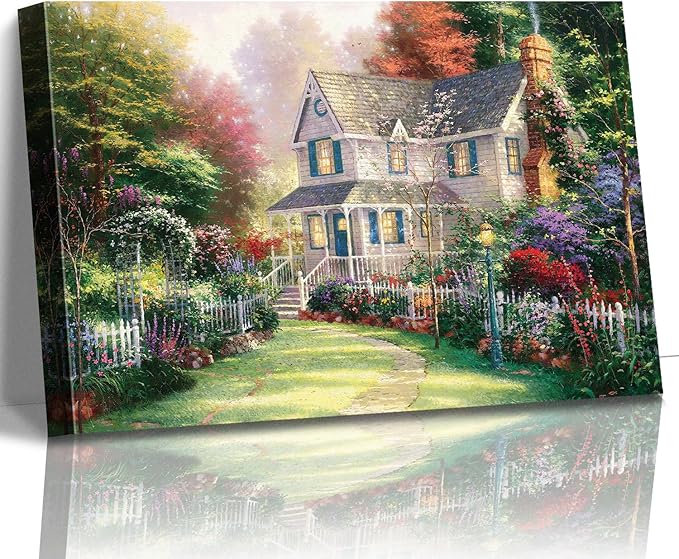 STUDIO HAVEN Thomas Kinkade Canvas Wall Art, White Cottage Sunlit Country Lush Flower Garden Fence and Charming Vibe Oil Painting Poster Rustic Wall Decor, Framed Prints for Home Decor, 24x16Inch