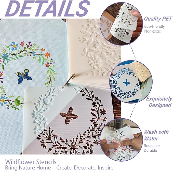 16 Pieces Wildflower Stencils for Painting on Wood, Reusable Flower Paint Templates with Nature Plant Pattern, 4.7 x 5.9 Inch DIY Craft Stencils for Wall Home Decor
