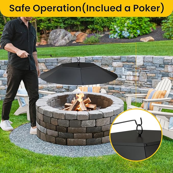 28-inch Round Fire Pit Lid - Metal Fire Pit Lid with Handle & Poker, Fit for Fire Pits up to 26", Heavy-Duty Outdoor Fire Pit Accessory (Black, 28 inch)