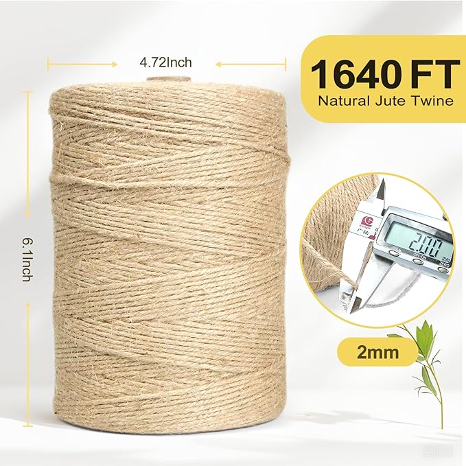Jute Twine String - 1640ft Eco-Friendly Natural Cord for Crafts,Butcher Cooking & Packaging | 2mm Thick Extra-Length Rope | Decorative Tying,Plant Support & Heavy-Duty DIY