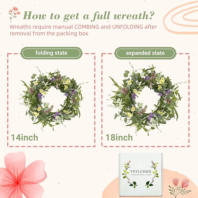 YNYLCHMX 18" Spring Summer Wreaths for Front Door, Artificial Floral Wreath with Multi-Colored Flower & Green Eucalyptus Leaves, Green Foliage Wreath for Wall Window Farmhouse Party Holiday Home Decor