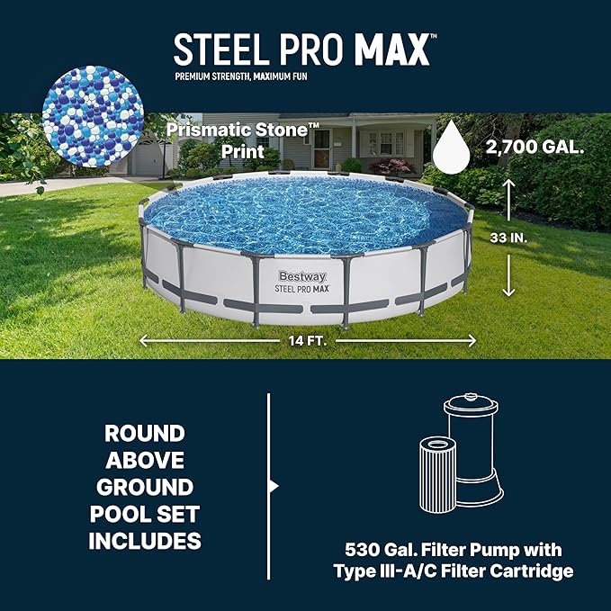 Bestway Steel Pro MAX 14' x 33" Round Above Ground Swimming Pool Set, 530 GPH Filter Pump, Tritech Puncture Resistant Liner, ClickConnect Steel Frame, Gray