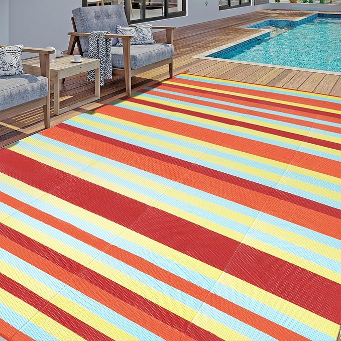 HUGEAR Outdoor Waterproof Rug 5'x8' Plastic Straw Rugs Washable Reversible Floor Mat Rainbow Stripe Carpet for Camping RV Deck Entryance Porch Picnic Balcony Beach Backyard