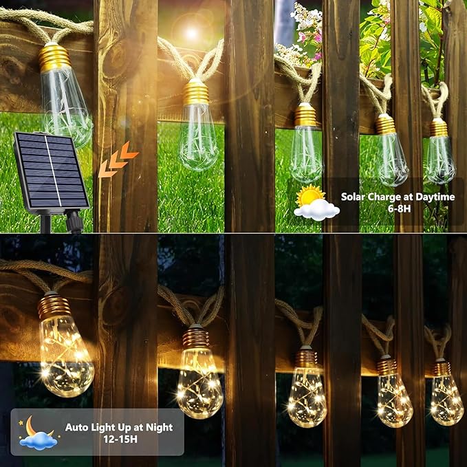 Solar String Lights Outdoor,26 Ft Vintage Rope Hemp Solar Patio Lights with 8Modes and Remote Control,LED Patio Lights with 16 Bulbs Waterproof (52FT-2PCS)