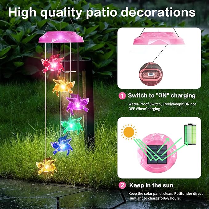 Solar Wind Chimes for Outside- Pig Wind Chimes Pink,7 Colors Changing Outdoor Waterproof Flying Pig LED Wind Bell, Patio Garden Yard Decor(Gifts for Dad,Mom, Women, Gardening Gifts)
