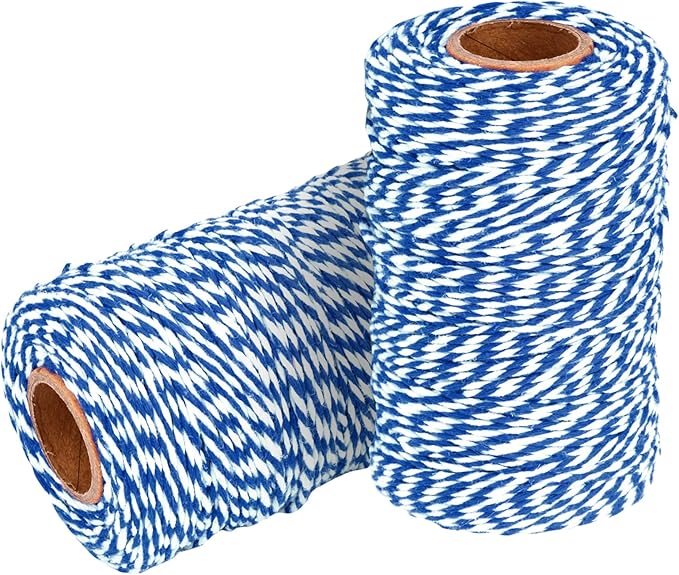 Cotton Twine String Bakers Rope: 2 Roll Twines for Crafts Gift Wrapping - 656 Feet Blue White Twine for Kitchen Cooking