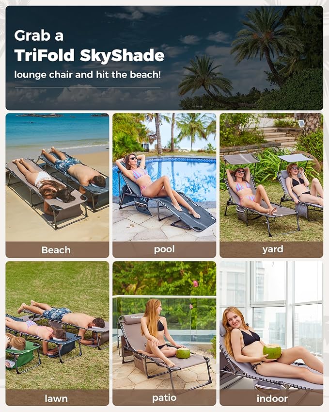 KingCamp 2 Pack Tanning Chair with Face Hole, Lounge Chairs Outdoor Folding Comfy Adjustable 5-Position Foldable Chaise Chaser with Canopy Shade for Outside Beach Patio Sun Bathing, Beige