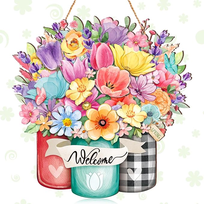 Juexica Spring Welcome Door Sign for Front Door Flower Door Hanger Wreaths Spring Wooden Hanging Decor Rustic Welcome Sign for Front Porch Wall Pediments Decorations