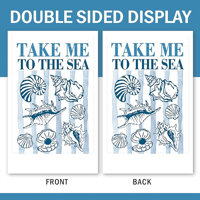 Nautical Conch Shell Decorative Garden Flag, Coastal Beach Take Me To The Sea Small Yard Outside Decorations, Summer Blue Stripes Ocean Burlap Outdoor Home Decor Double Sided 12 x 18