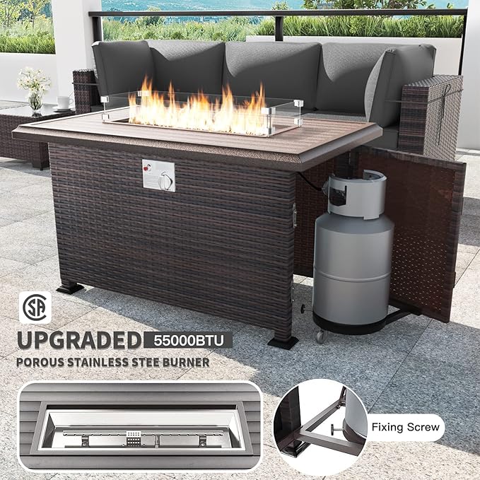 Kullavik 10 Pieces Outdoor Patio Furniture Set with 43" Gas Propane Fire Pit Table PE Wicker Rattan Sectional Sofa Patio Conversation Sets,Grey