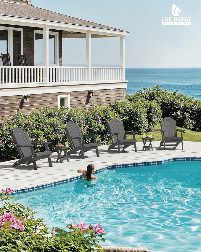 LUE BONA Folding Adirondack Chair, Chairs Set of 4, Cup Holder, Woodgrain, Fire Pit, Patio, Pool, Dark Grey