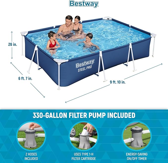 Bestway Steel Pro 9' 10" x 6' 7" x 26" Rectangular Above Ground Pool Set with 827 Gallon Capacity, DuraPlus Liner, and Flowclear 330 GPH Filter Pump