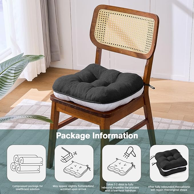 BETU Black Chair Cushions for Dining Chairs Set of 4,3.5" Thick Kitchen Table Chair Pads with Ties,Non Slip Backing and Covers,Seat Cushion for Dining Room,Bar,Patio Chairs,16"X16"X3.5",Black