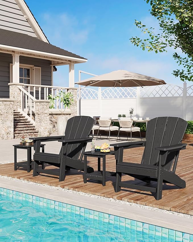 Modern HDPE Plastic Adirondack Chair - Oversize 380 LB Poly Lumber Weather Resistant Firepit Chair - Outdoor Patio Chairs with Wooden Textured for Garden, Backyard, Lawn, Deck, Pool, Porch - Black