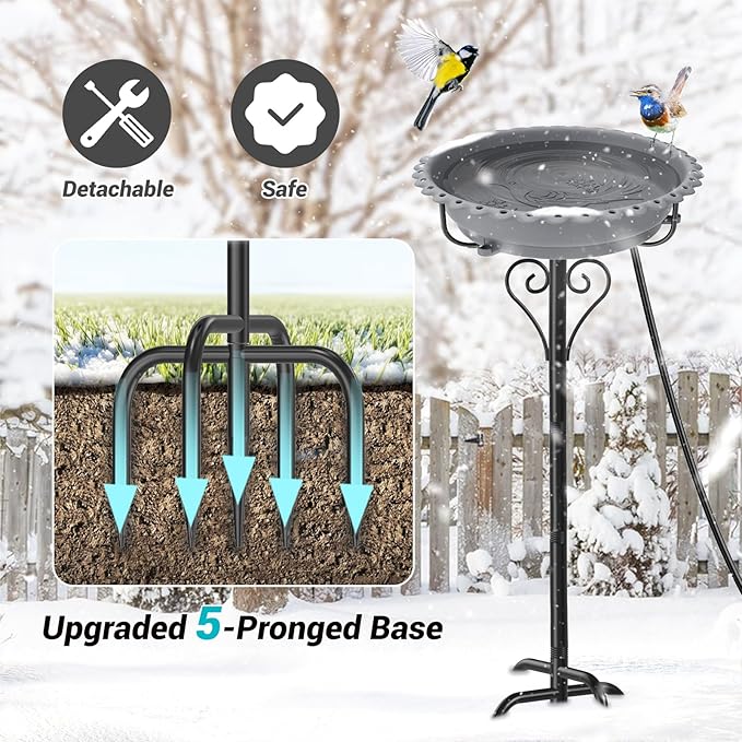 Heated Bird Bath for Outside Winter, Powerful 100W Thermostat Control Water Heated BirdBaths Bowl for Outdoors with 5-Prong Metal Base Heated Bird Bath for Garden Patio Yard Lawn (Gray)