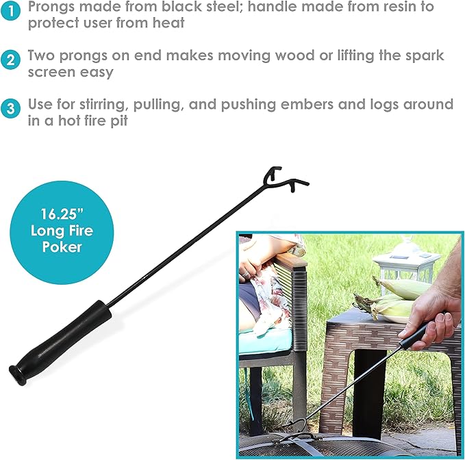 Sunnydaze 16" Fire Pit Poker - Durable Heat-Resistant Handle - for Indoor or Outdoor Use