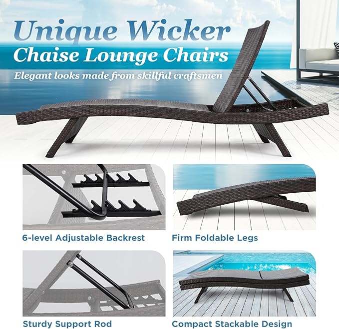 IDZO Katalina Chaise Lounge Set of 2-500lbs Support, UV Wicker, Ergonomic Wave Design, Reclining Backrest, Patio Furniture Set, Multi-Brown