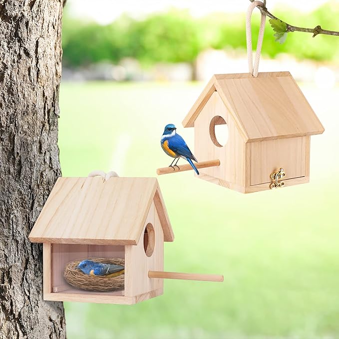 YUEPET 2Pcs Outdoor Bird Houses Transparent Wooden Bird House for Outside with Lanyard and Screws,Hanging Birdhouse Clearance for Finch Bluebird Cardinals Hummingbird