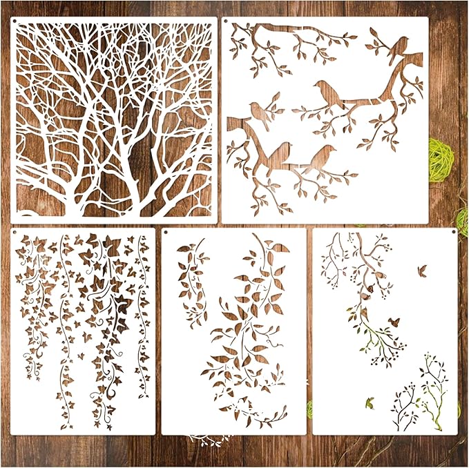 Tree Leaf Vine Stencils for Painting on Wood, Large Bird Branches Stencils for Crafts Reusable Wood Burning Drawing Art Paint Stencil and Patterns for Wall Furniture Canvas (Tree)