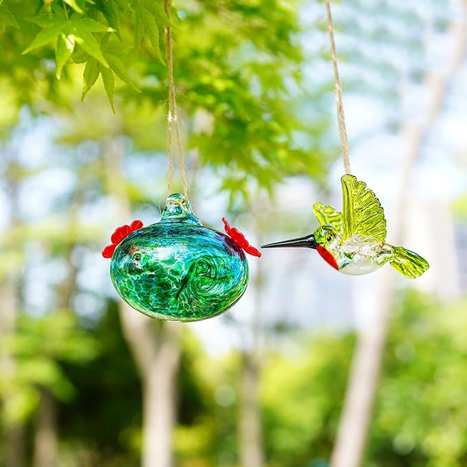 3inch Blown Glass Hummingbird Feeders for Outdoors Small Glass Hummingbird Feeders to Attract Hummingbirds Ant and Bee Resistant Round Feeder Unique Gifts for Woman - 2 Feeding Ports