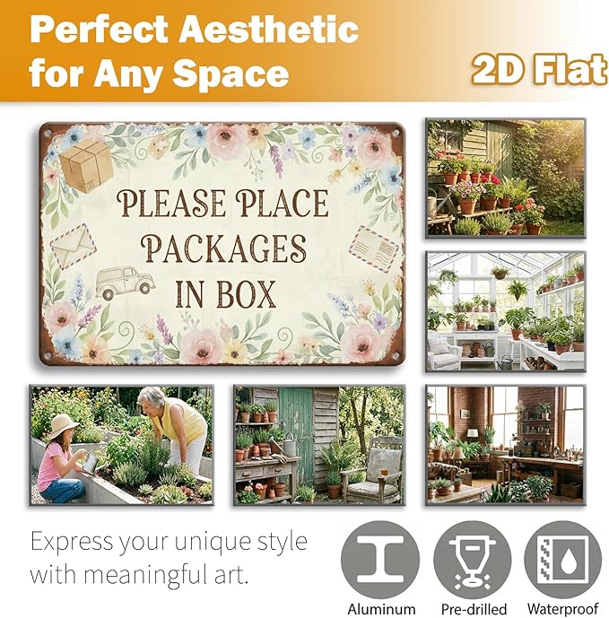 Floral Delivery Tin Sign - "Please Place Packages in Box" - Vintage Watercolor Floral Porch Decor - Universal Instruction Plaque for All Carriers - 8x12 Rust-Free Aluminum - Polite Package Drop Off Metal Sign