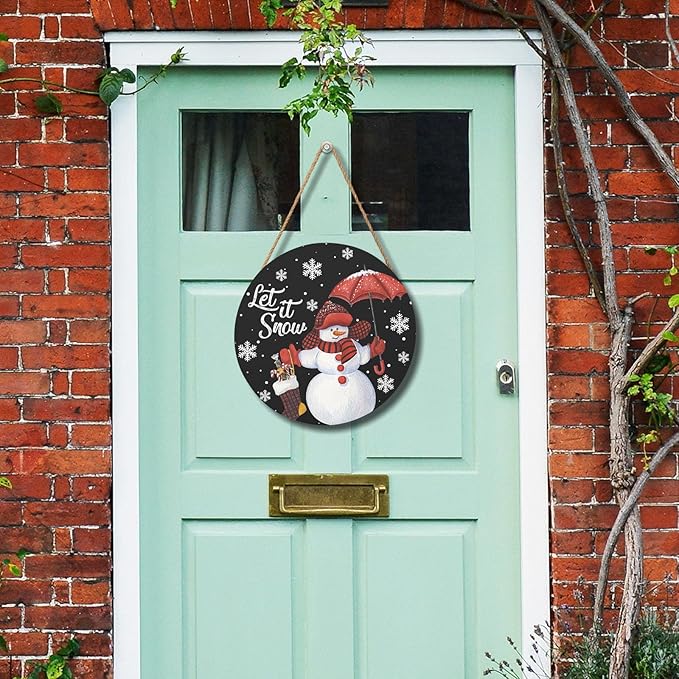 Snowman with Red Umbrella Door Sign For Front Door Decor,Winter Welcome Snowflakes Black Wooden Sign 12"x 12" Round Wood Hanging Door Sign Decoration for Winter Day Wall Porch Decor