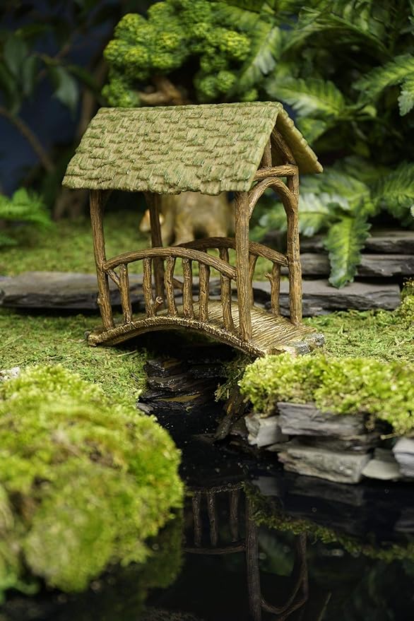 Marshall Home and Garden Old Covered Bridge, Fairy Garden Bridge, Mini Bridge, Brown Resin, Rustic
