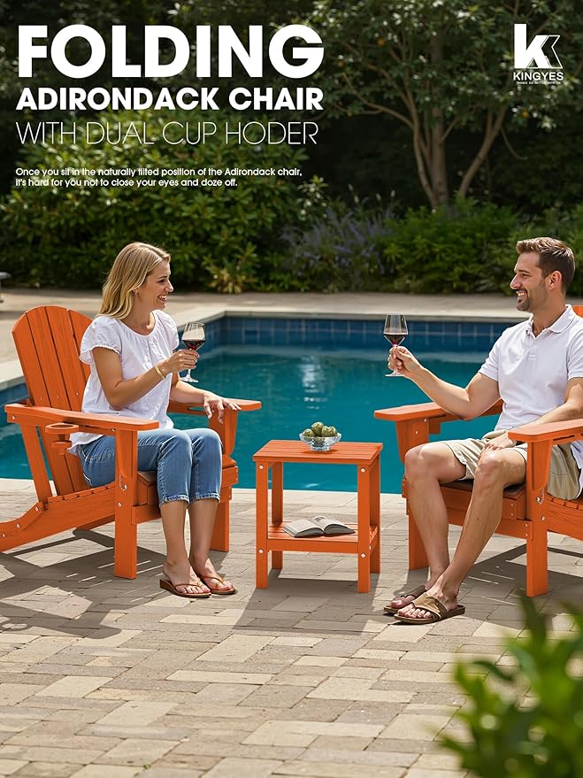 KINGYES Folding Adirondack Chair with Dual Cup Holders - HDPE All-Weather Outdoor Chairs, Wood-Like Patio Chair for Backyard, Camping, Pool & Fire Pit, Orange