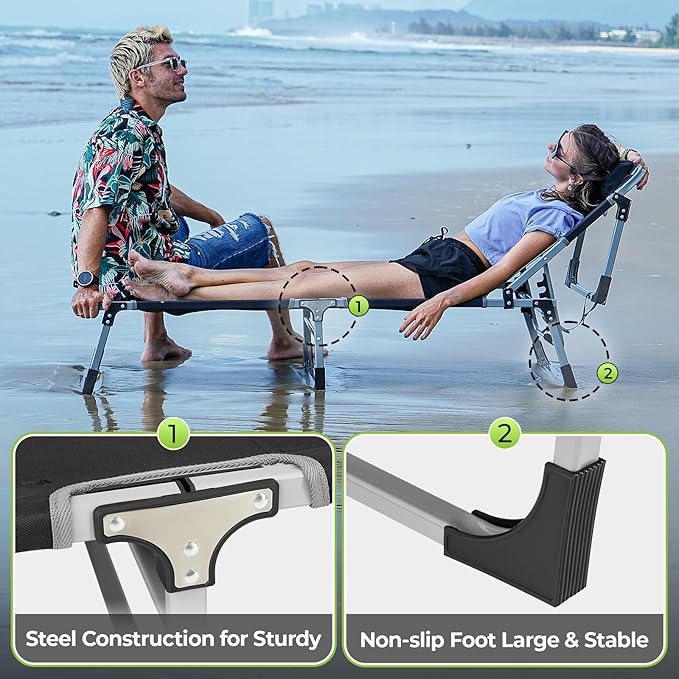 FUNDANGO Oversize Lounge Chair Outdoor, 300 lbs Large Camping Cots for Adults Heavy Duty Extra Wide Sturdy with Pillow for Outside Patio Beach Pool