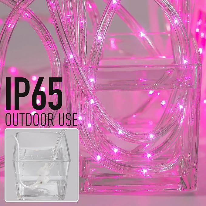 Waterproof LED Rope Lights, Connectable & Flexible with 8 Modes, Outdoor Lighting for Deck, Garden, Pool, Patio & Christmas Decor (Pink, 20ft)