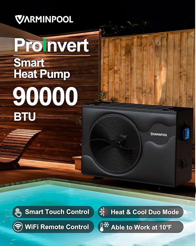 Pro Invert 90000BTU Pool Heat Pump for 24000 Gallons Above and In Ground Pools, Full Inverter Electric Pool Heater, WiFi Control & Timer, Heat & Cool, Energy Efficient, 220V