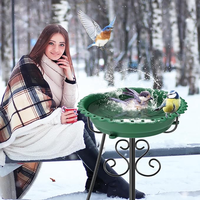 Heated Bird Baths for Outdoors,Upgraded 100W Thermostat Control Heated BirdBaths for Winter with Metal 5 Prong Base Heated Bird Bath for Outside Winter Garden Yard Patio Lawn (Green)