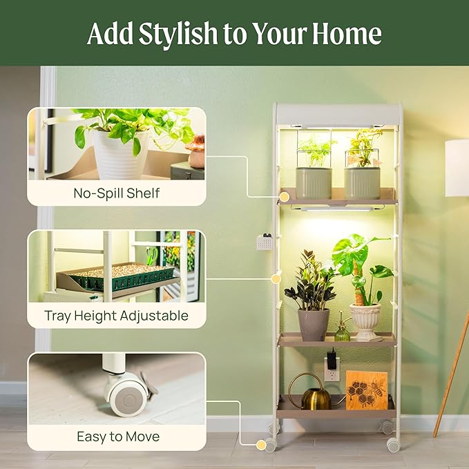 Vego Garden 4 Tier Pro Rolling Metal Corner Plant Stand Indoor with Grow Light, Display Shelf with Storage & Full Spectrum LED Grow Light, Plant Rack for Seed Starting, Leafy, Herbs, Fruits & Microgreens