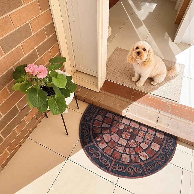 Half Circle Door Mat Outdoor, Front Door Rug Indoor Outside Entrance, Absorbent Heavy Duty Doormat Non Slip Backing, Half Round Rug for Entryway, 24x36, Brick Print