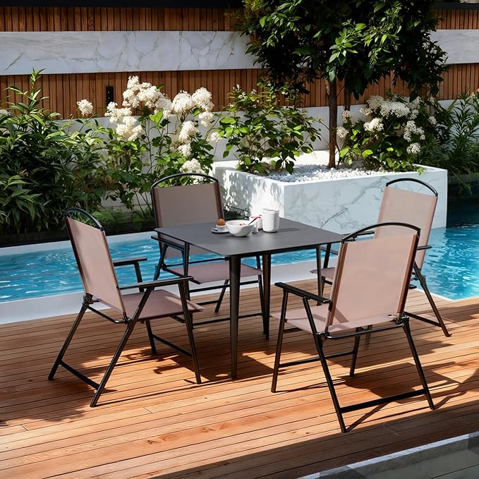 Outdoor Folding Patio Dining Chairs Set of 4 With Armrest Heavy-Duty Lightweight Protable Foldable Patio Sling Chair for Garden Lawn Poolside Backyard Deck Bistro Balcony Sillas Furnitures(4, brown)
