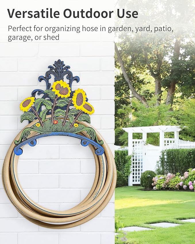 Cast Iron Garden Hose Holder Wall Mount, Rustic Heavy Duty Water Hose Hanger, Decorative Vintage Hose Reel Organizer for Outside Garden Yard Patio, Painted Sunflower Design