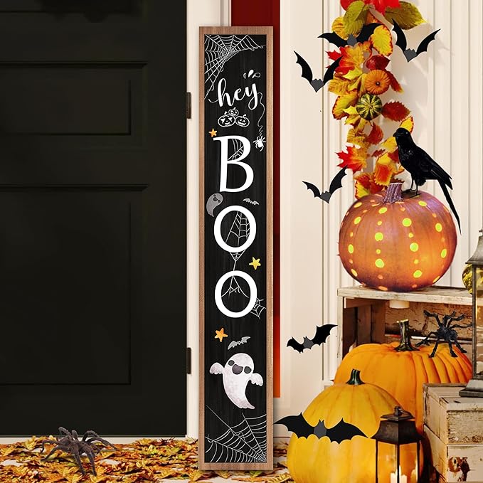 Halloween Welcome Sign for Front Porch Standing, BOO Wooden Porch Sign for Door Decorations, Farmhouse Hanging Wall Sign for Halloween Happy Outdoor Garden Decor 47.2"H - Black