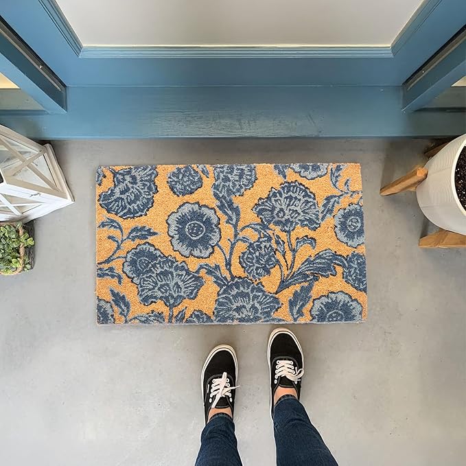Coir Door Mat, Floral Print Entryway Floor Mats with Non-Slip PVC Backing, Indoor Outdoor Mat for Front Door Decor, Door Mat, Welcome Mats with Chelsea Flower Print, Blue, 30”x 17”