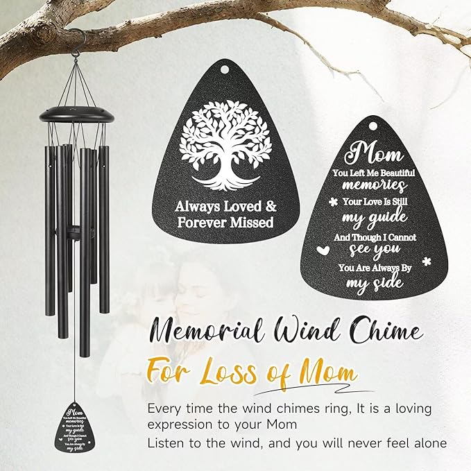 Memorial Gifts for Loss of Mom, 25''Memorial Wind Chimes for Loss of Mother Gifts, Condolence/Bereavement/Remembrance Gift,Windchimes in Memory Sympathy Gift,Funeral Decor for Garden Outside,Black