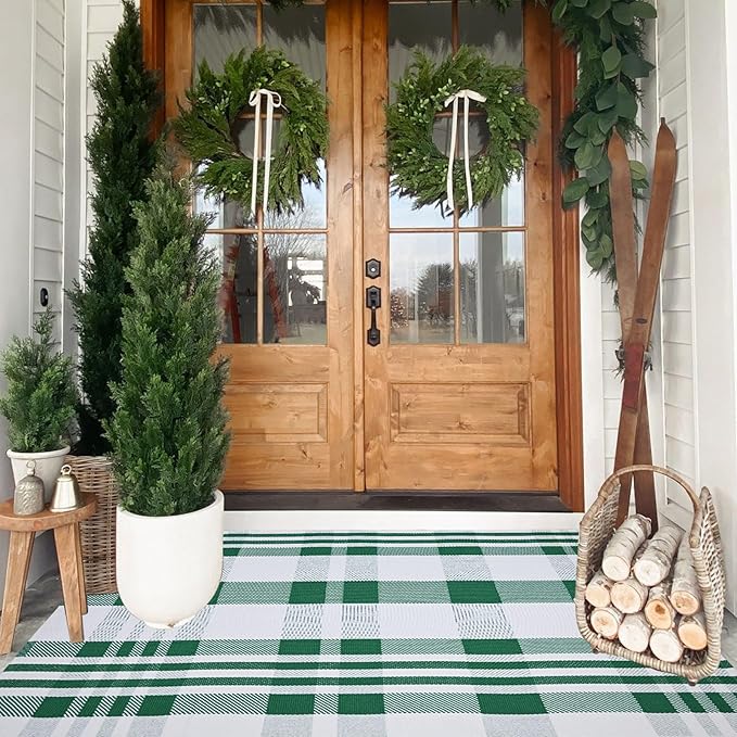 Christmas Plaid Outdoor Rug, 3' x 5' Green&White Checkered Indoor/Outdoor Area Rug, Layering Rug for Hello/Welcome Door Mat, Machine Washable Cotton Woven Rug for Farmhouse Front Porch, Entryway