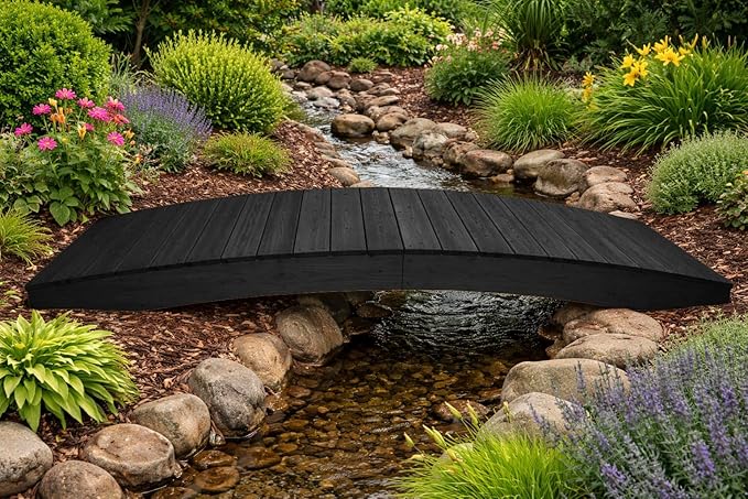 10 FT BLACK Amish Made Pinewood Heavy Duty Garden Bridge for Walkway, Backyard Pond & Landscaping, Outdoor Wooden Footbridge for Koi Pond, Japanese Style Decorative Bridge, Made in USA