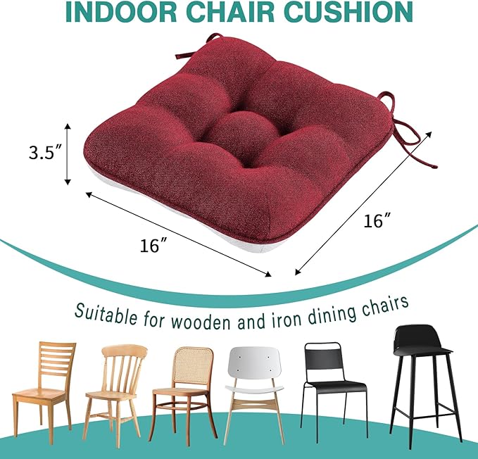 BETU Chair Cushions for Dining Chairs Set of 2,3.5" Thick Kitchen Table Chair Pads with Ties,Non Slip Backing and Covers, Christmas Decor Seat Cushion for Dining Room,Bar,Patio Chairs,16"X16"X3.5",Red