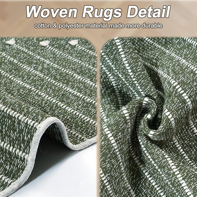 LIVEBOX Green Runner Rug for Kitchen 2x8, Boho Washable Runner for Hallway, Moroccan Cotton Long Entryway Area Rug Indoor Carpet for Bedroom Laundry Doorway Entry(Green & White)