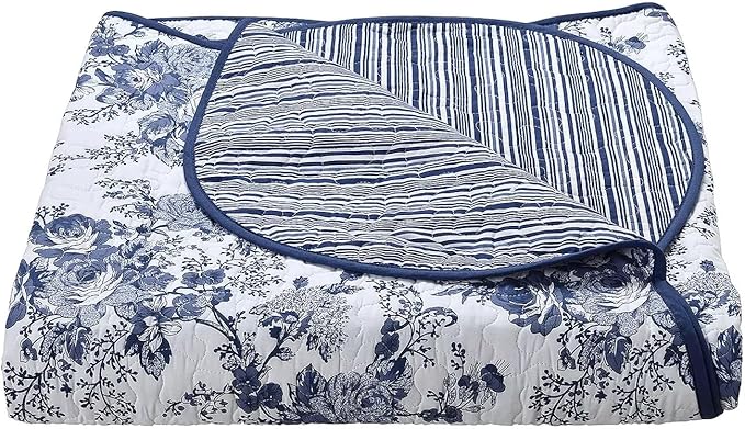 Wonderful 100% Cotton Blue Floral Quilt Set Queen Size Bedding Sets with Pillow Shams and Bed Skirt, 4 Pieces Floral Bedspread Coverlet, Quilted Blanket Bed Cover for All Season, 88"x90"