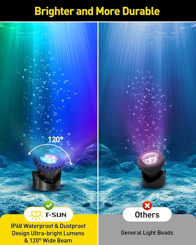 T-SUN LED Pond Lights Underwater, Color Changing Submersible Fountain Lights with APP Control, Waterproof Spotlight with 16 Million Colors, Timing, Music Sync (RGB, 6-Head)