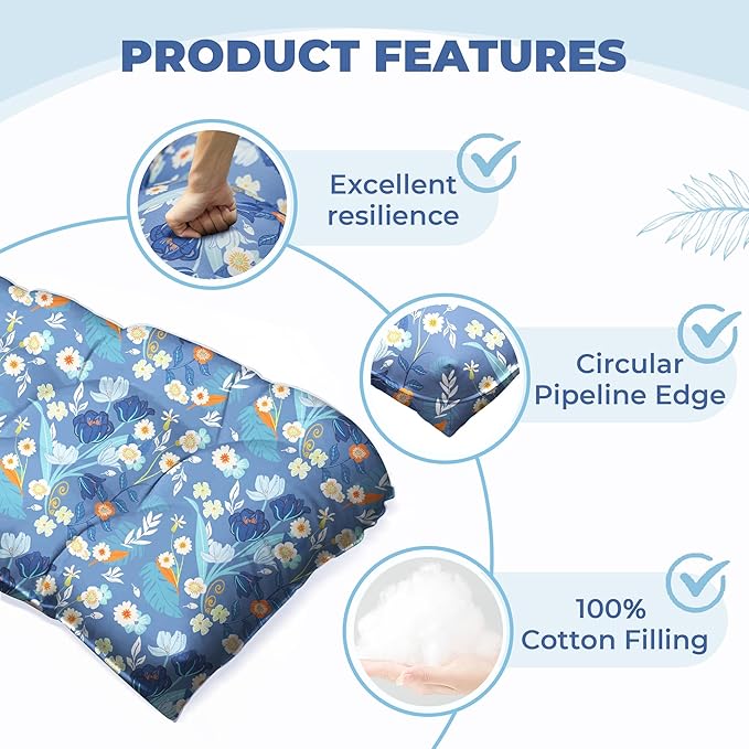 Wicker Chair Cushions of 5 Pieces, Waterproof Outdoor Loveseat Cushion for Wicker Furniture, 1 Love Seat Cushion, 2 U-Shape and 2 Lumbar Pillows for Patio Furniture (Blue Flower)