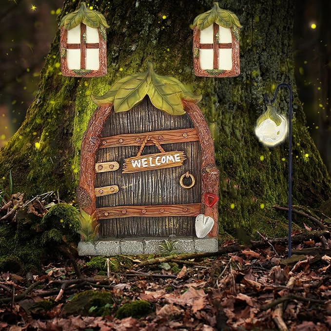 Miniature Fairy Garden Accessories Fairy Door and Windows for Trees, Glow in The Dark Yard Sculpture Lawn Ornament Mini Garden Art Outdoor Decor Accessories with Lantern
