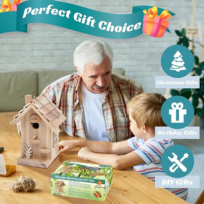 DIY Birdhouse Building Kit for Adults, Wooden Bird Houses to Paint for Kids, Outdoor Woodworking Kits Adult Crafts for Outside(Wood, 6.5in)